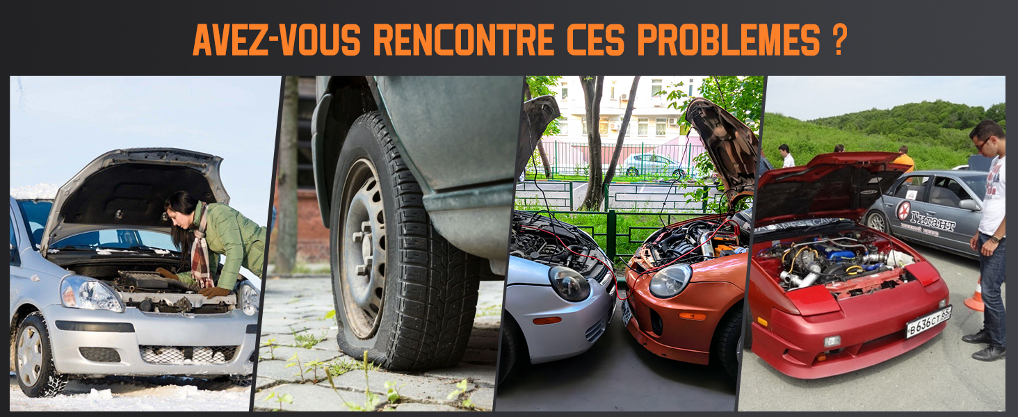 Collage de quatre véhicules présentant des problèmes mécaniques, montrant des capots ouverts, un pneu crevé et des voitures de sport modifiées.