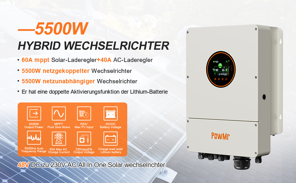 5500W HybridWechselrichter 48V auf 230V Integrierter netzunabhängiger und netzgebundener