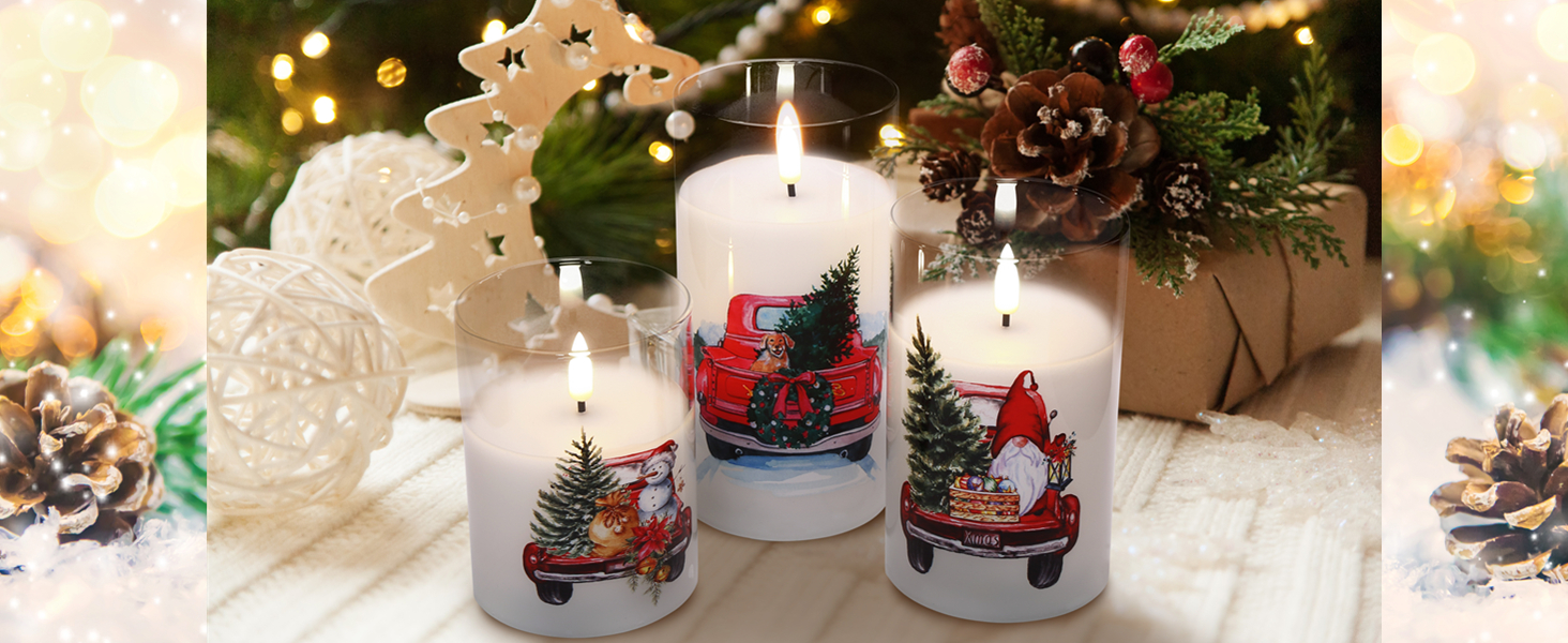 Eywamage Red Truck Glass Flameless Candles with Remote, Flickering LED