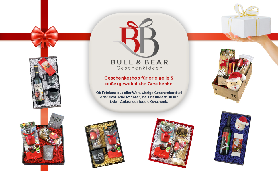 Werbung für die Geschenkkollektion von Bull & Bear, die verschiedene rot-goldene Geschenkboxen und Verpackungsoptionen zum Thema Feiertage vor einem weißen Hintergrund mit roter Schleife zeigt.