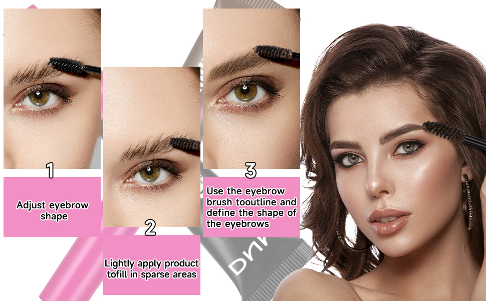 Three-step eyebrow shaping tutorial showing close-up views of eye area with numbered instructions on pink backgrounds.