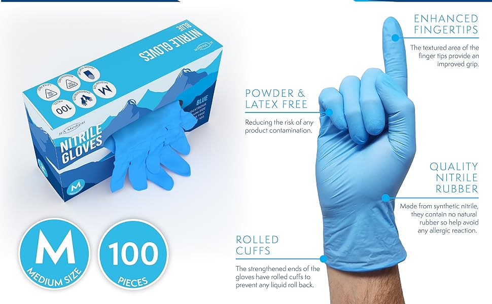 JFA Medical Medium Size Disposable Powder Free Blue Nitrile Gloves
