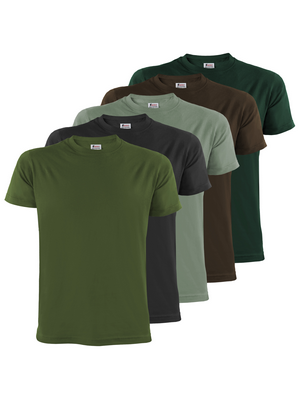 Collezione di cinque t-shirt disposte in fila, con varie tonalità di verde e marrone, con design a girocollo