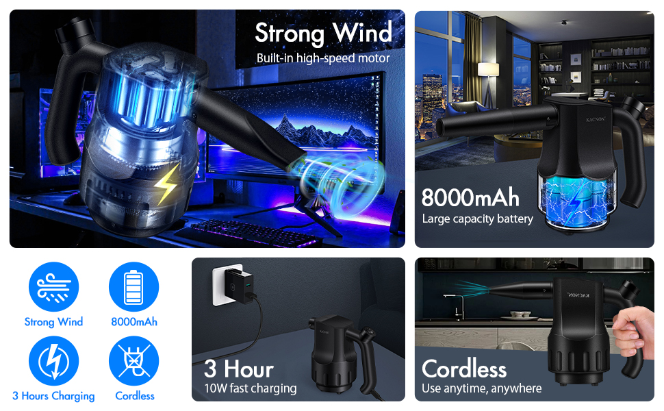 KACNON Compressed Air, Cordless Air Duster 8000mAh Rechargeable