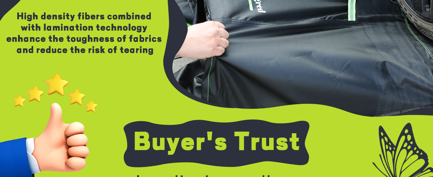 Promotional image for durable fabric, showing a hand pulling on black material. Text highlights high-density fibers and lamination technology to enhance toughness and reduce tearing risk.