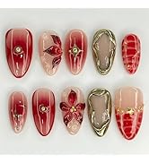 SINHOT Almond Press on Nails - Medium Fake Nails, Glossy Finish, Fall Red Ombre & 3D Handmade Flo...