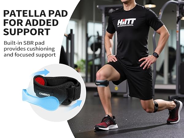 Text reads 'PATELLA PAD FOR ADDED SUPPORT'. Exercise or fitness-related image showing equipment close-up with focus on padding feature.
