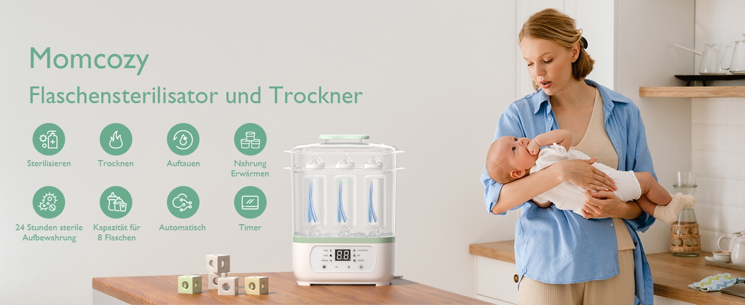 Der Text lautet „Momcozy“ und „Flaschenwärmer und Trockner“. Produktmarketing-Bild, das Babyflaschenwärmer und Sterilisatorgeräte in einer modernen Küchenumgebung zeigt.