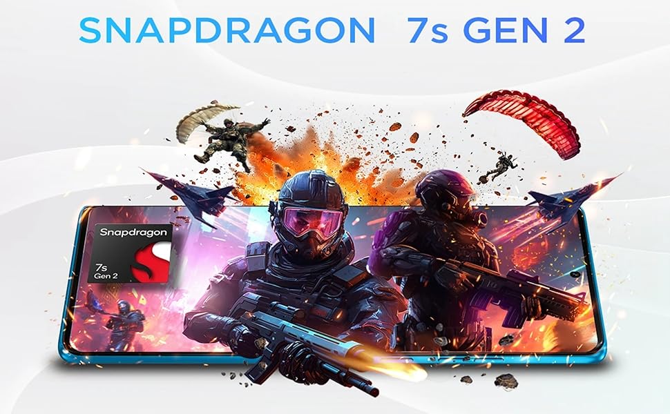 Motorola smartphone with Snapdragon 7s Gen 2, gaming action, explosion, and soldiers