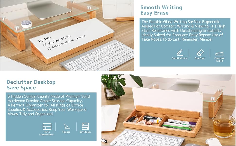 Desktop Glass Whiteboard with Wooden Organizer Box for