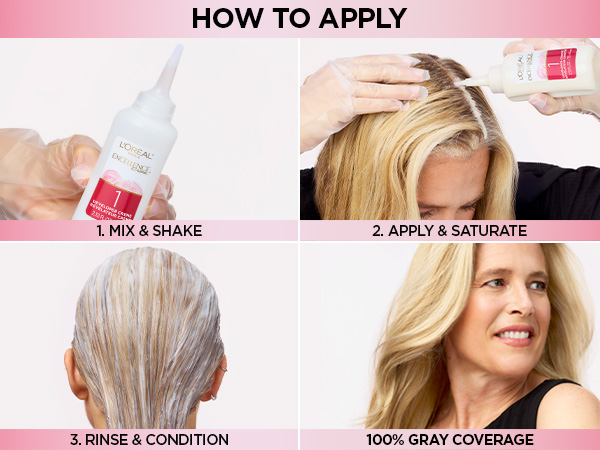 1. Mix &amp;amp; Shake 2. Apply &amp;amp; Saturate 3. Rinse &amp;amp; Condition - 100% Gray Coverage