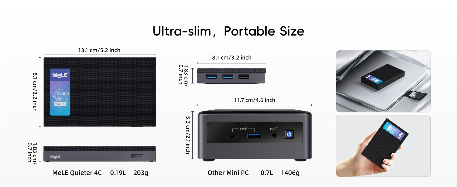 Comparison of two mini PCs: one ultra-slim device with a display and another compact PC. Images show size specifications, USB ports, and handheld portability.