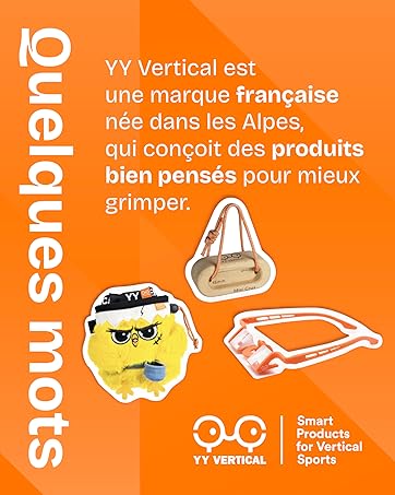 Text reads 'YY Vertical est une marque française née dans les Alpes, qui conçoit des produits bien pensés pour mieux grimper'. Orange background with simple product illustrations and YY logo.