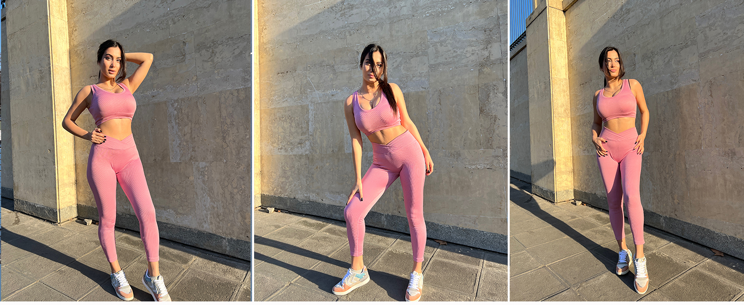 JZC Yoga Workout Outfits for Women 2 Piece Ribbed Seamless Exercise