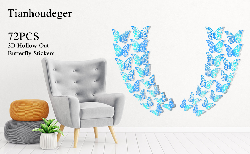 72Pcs 3D Butterfly Wall Decor 3 Sizes 3 Styles, Butterfly