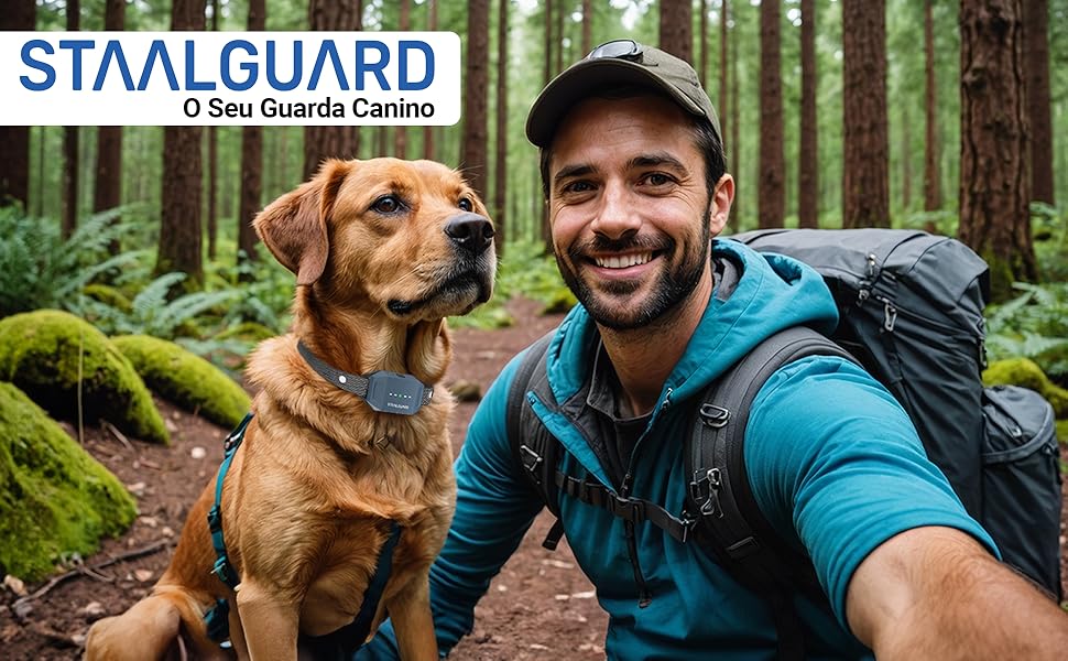 A brown-golden dog and a hiker with a backpack on a wooded trail with speckled rocks and a forest background. STAYLGUARD logo visible at the top.