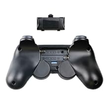 con un diseño ergonómico y suave, con dos joysticks analógicos, cruceta y varios botones. El dispositivo rectangular pequeño se muestra arriba, probablemente para mayor conectividad