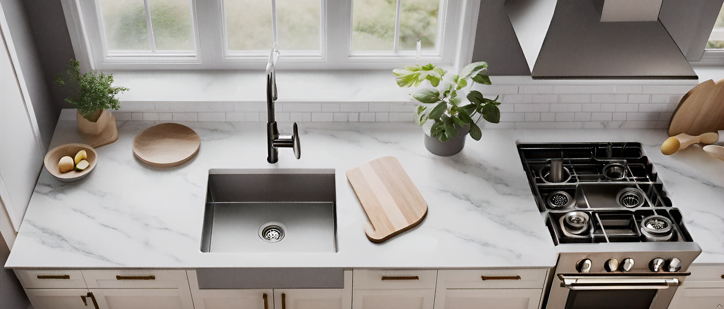 A sleek and modern kitchen with a product neatly organized on a countertop.