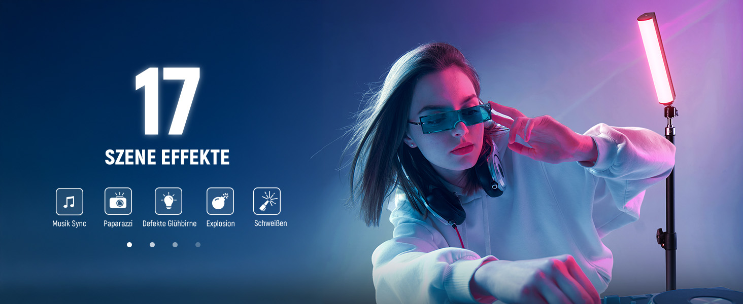 Frau passt die Sonnenbrille an, während sie einen rosafarbenen LED-Leuchtstab in der Hand hält. Texteinblendung: '17 Szene Effekte' mit Symbolen für verschiedene Lichteffekte