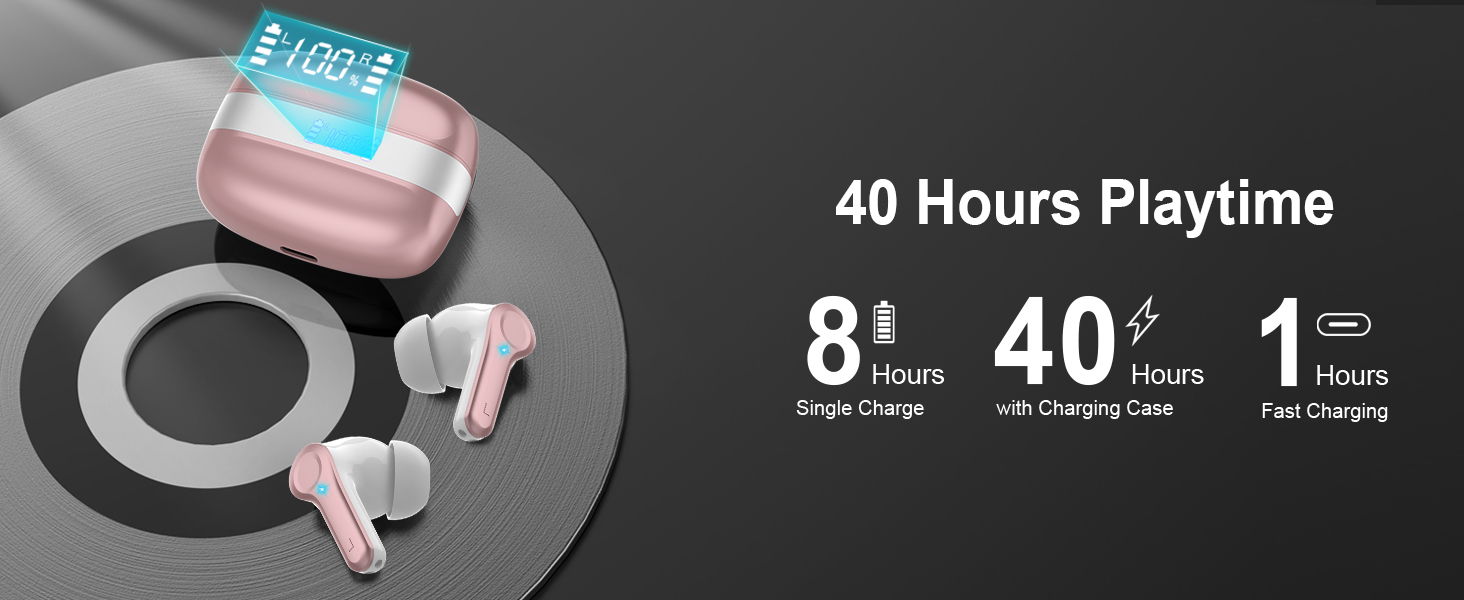 Pink wireless earbuds with charging case, displaying 40-hour total playtime specification, including 8-hour single charge capability.