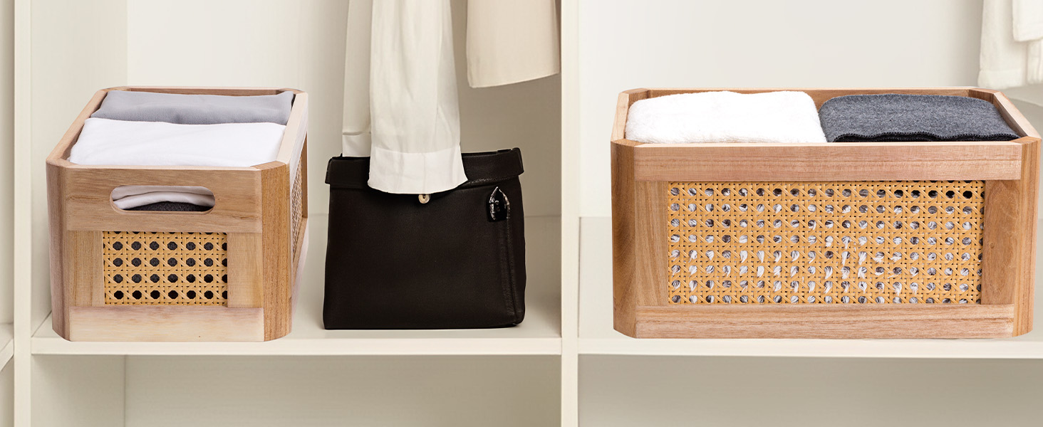 Rectangle Rattan Storage Baskets for Shelves, Small Baskets Organizing, Wood Woven Storage Baskets