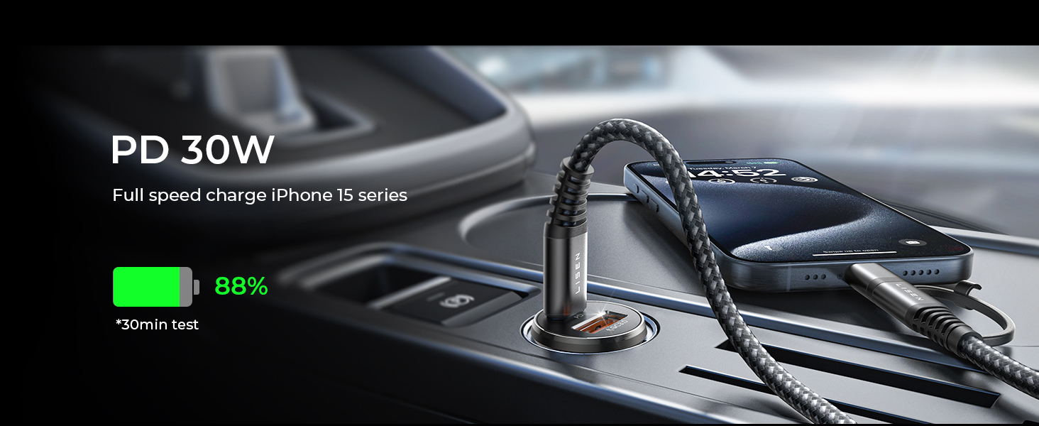 PD 30W fast charger for iPhone 15 series, shown plugged into a car's charging port with a braided cable and 88% battery indicator.