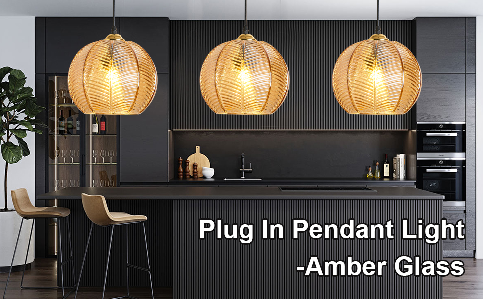 Plug in Glass Pendant Light Mid-Century Modern Striped Amber