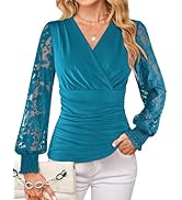 GRACE KARIN 2025 Womens Tops Wrap V Neck Shirt Lace Long Sleeve Blouses Dressy Casual Ruched Top ...