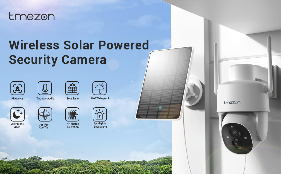 TMEZON 2 Pack Wireless Security Camera Outdoor, 2K Security Camera Wireless Solar