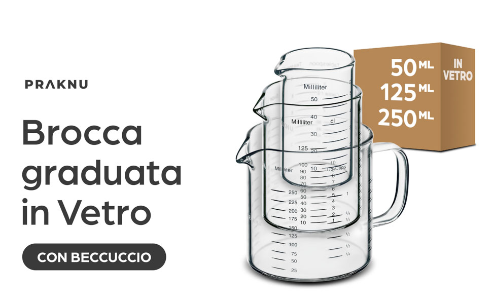 Brocche Graduate Praknu In Vetro | Set Da 3 (50ml, 125ml, 250ml) | Impilabili E Resistenti