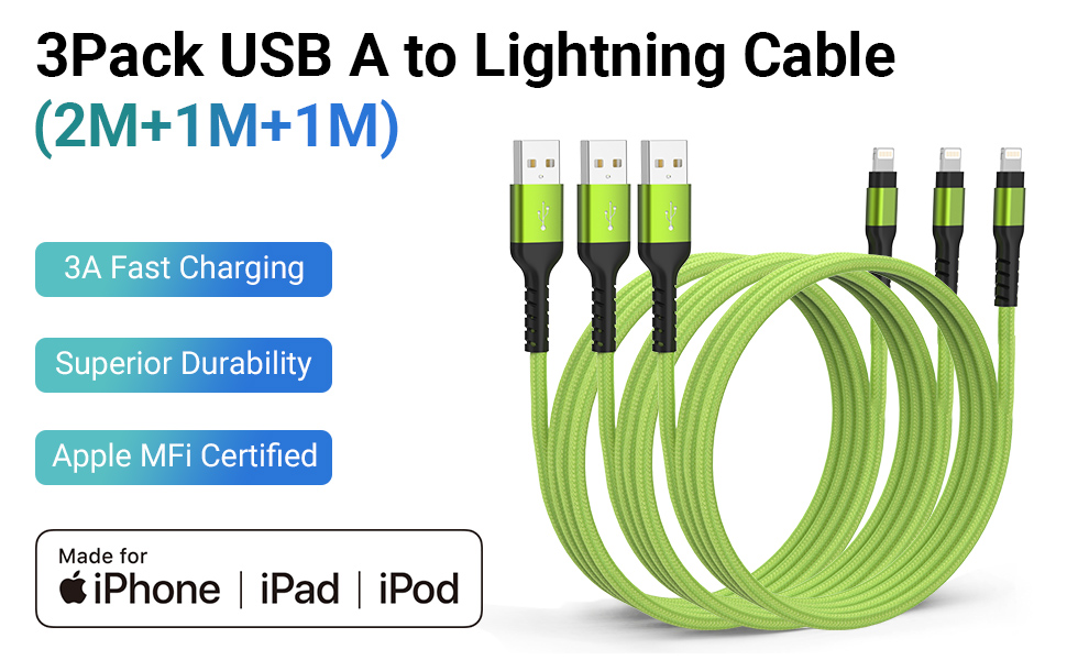 Boreguse 15W USB to Lightning Cable USB iPhone Cable, [3Pack 1M/1M/2M