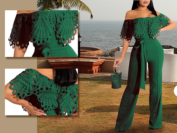 OFF SHOULDER LACE LIKE ROMPERS(グリーン) my closet / OFF SHOULDER LACE LIKE ROMPERS SBK