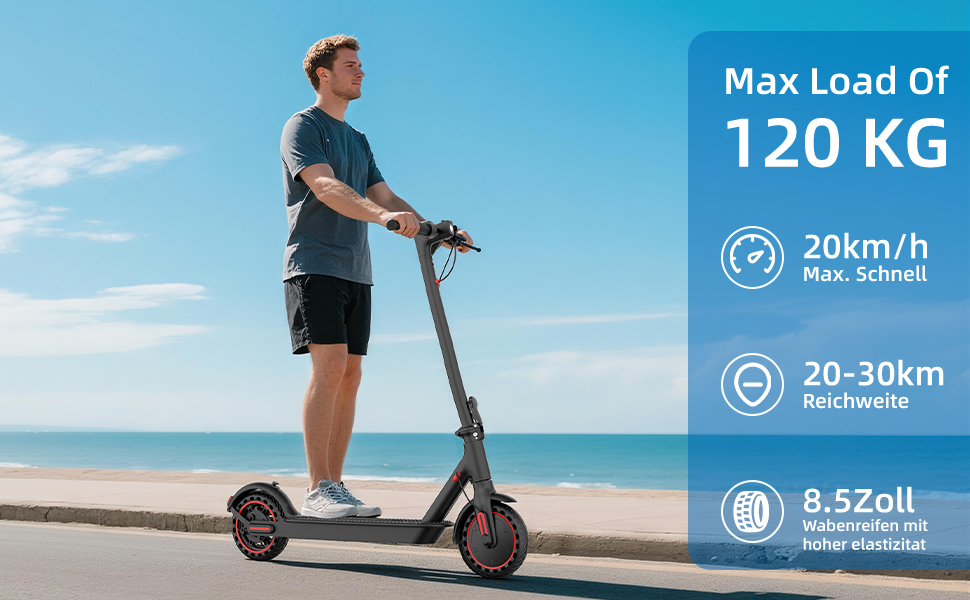 El texto dice: «Carga máxima de 120 kg», «20-30 km», «¡8.520!». Imagen del patinete eléctrico que muestra las especificaciones, con una persona montando sobre la playa como telón de fondo.