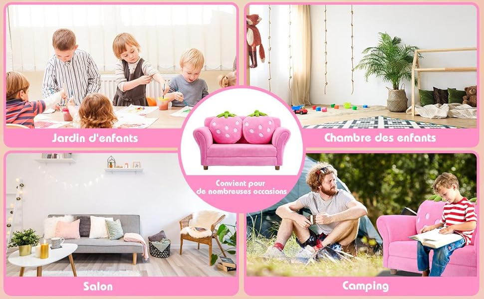 RELAX4LIFE Canapé Enfant 2 Places Avec Rembourrage En Éponge, Surface Peluche De Corail, Fauteuil Sofa Avec 2 Oreillers En Forme De Fraise Pour 3-7 Ans, 90X53X48 CM, Rose/Bleu (Rose) 16 occasion