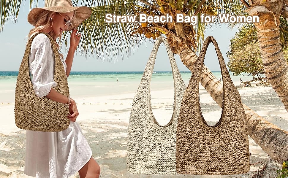 Women Large Straw Beach Bag Handmade Woven Shoulder Bags Hobo Tote Handbag Purse for Summer