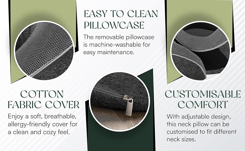 Relaxd Travel Pillow for Adults | Adjustable Memory Foam Neck Pillow for Travel | 360 Degree Neck Support | Removable Pillow Case | Includes Eye Mask, Earplugs, Travel Bag | Dark Grey | UK Brand 15 Features