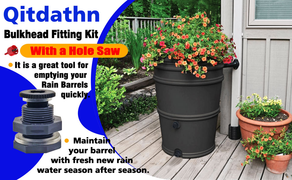 Qitdathn 4 PCS Rain Barrel Bulkhead Fitting kit with Plugs and Hole Saw