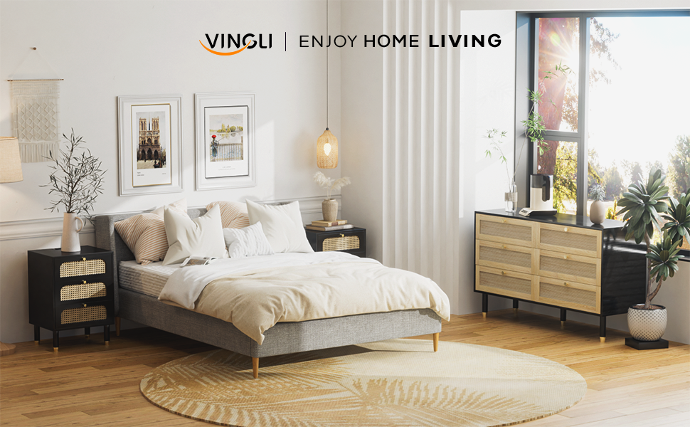 VINGLI Black Rattan Nightstand Set of 2, Boho 27" Tall