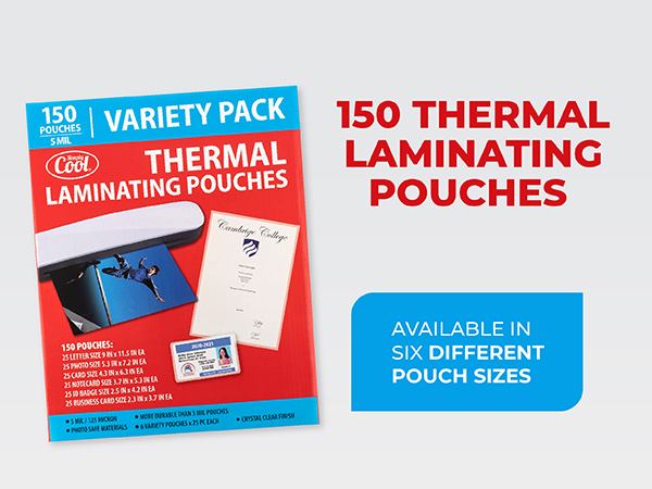 150 thermal laminating pouches available in 6 different sizes