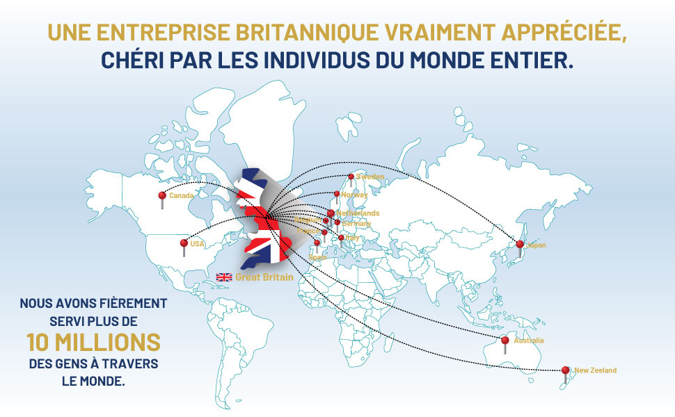 montrant les connexions au réseau mondial centré sur le drapeau britannique, mettant en évidence la portée commerciale internationale.