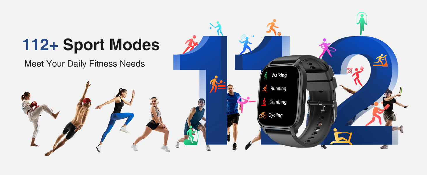 Fitness smartwatch advertisement showing '112' number design with active figures demonstrating various sport modes and workout activities.