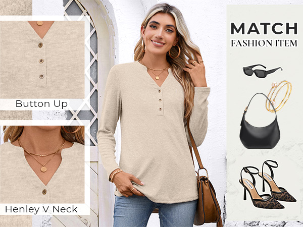 Aodemo Womens Fall Long Sleeve Tunic Tops V Neck Henley