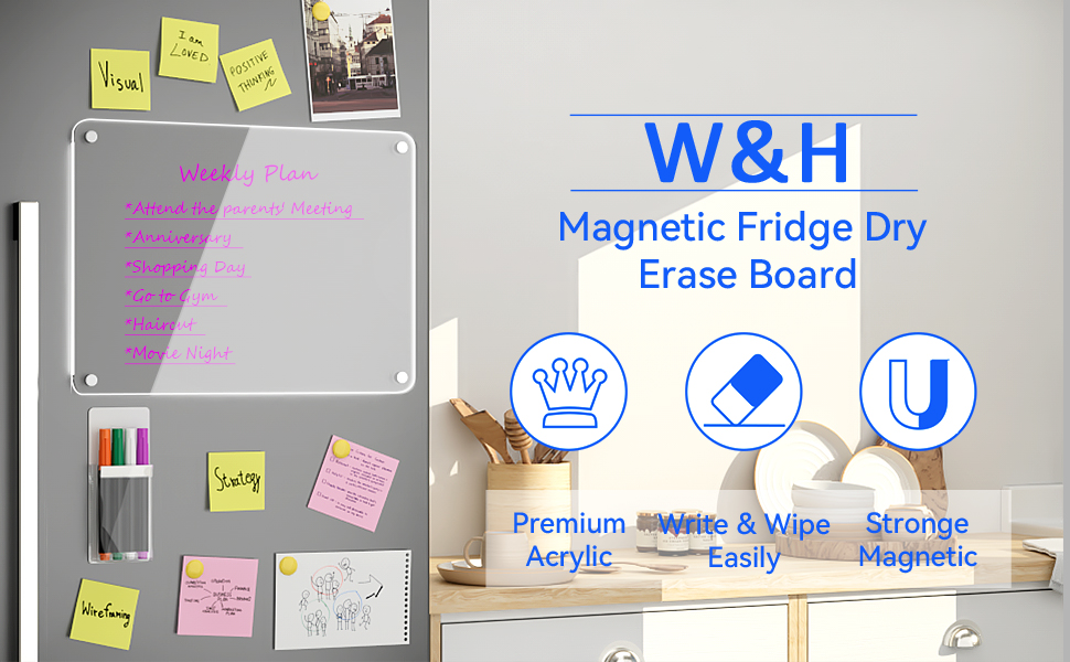 W&H Acrylic Dry Erase Board for Fridge, 12"X16" Clear