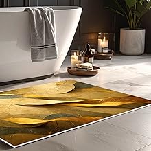 Series of photos showing illuminated gold-toned area rug in dark room setting, displayed from multiple angles with ambient lighting.