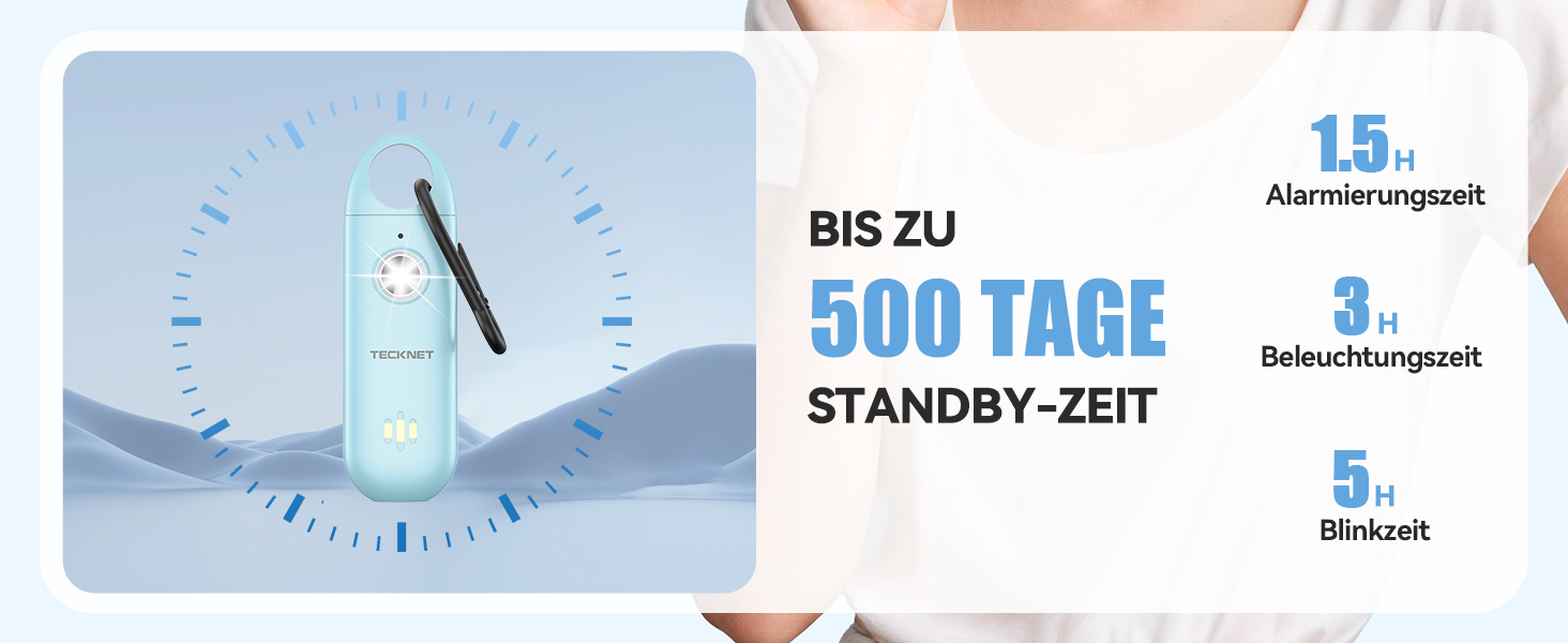 Der Text lautet „STANDBY-ZEIT“ und „BIS ZU 500 TAGE“. Marketingbanner mit Uhrsymbolen und Batterieanzeigen zur Veranschaulichung der Funktion für lange Bereitschaftszeiten.