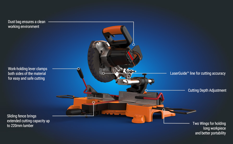 WORX Nitro 18V(20V MAX) 216mm Cordless Sliding Miter Saw, PowerShare, 0