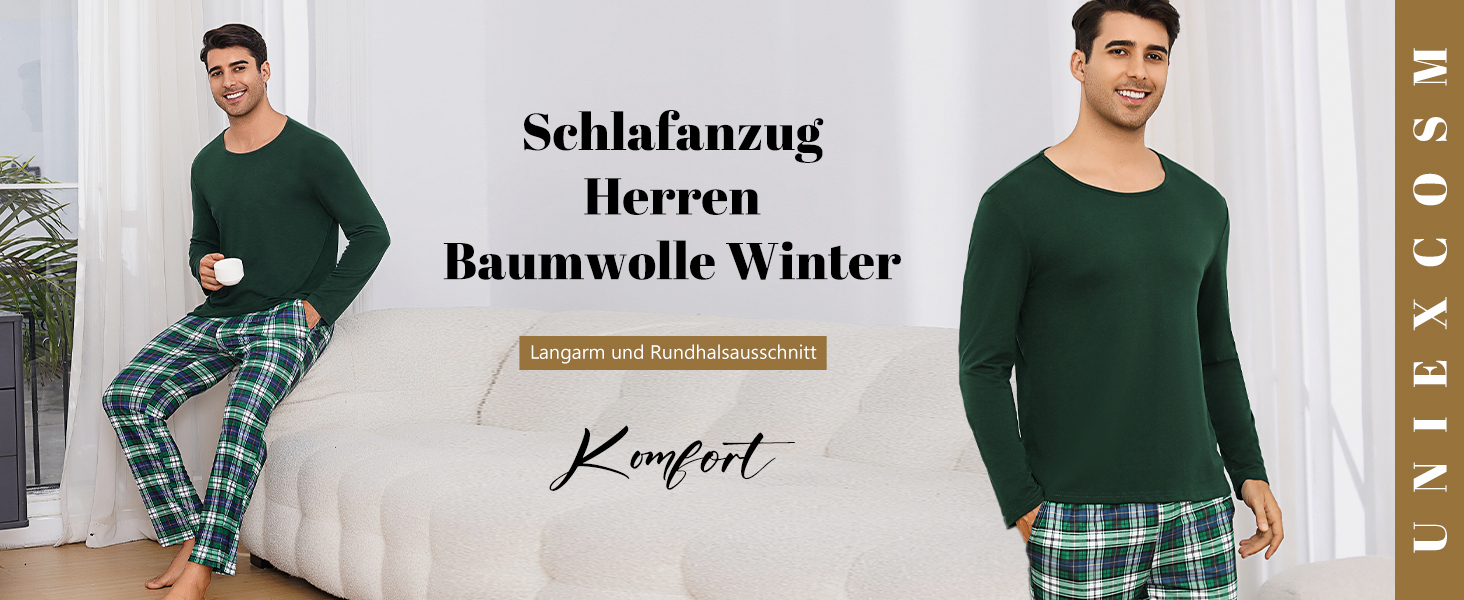 Uniexcosm Schlafanzug Herren Zweiteiliger Lang Baumwolle Pyjama Set