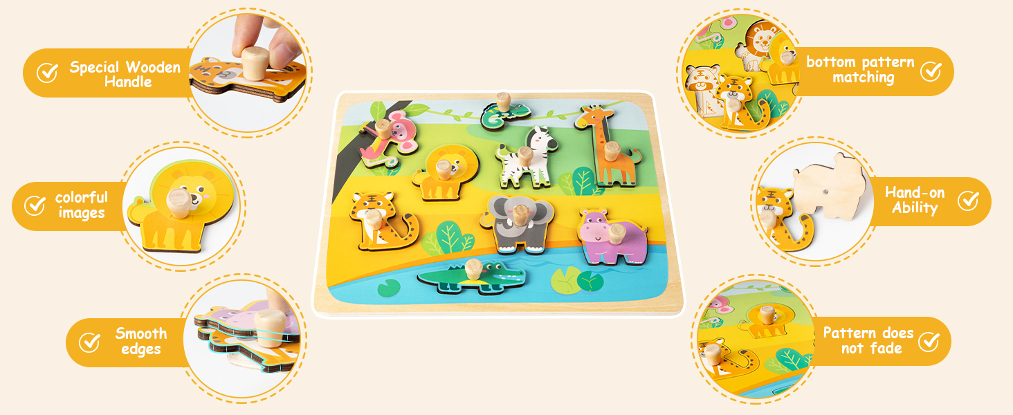 Funsland Wooden Puzzles Jigsaw Toys for 1 Year Old, Animal Toddler Peg