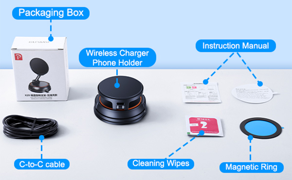 Text reads 'Packaging Box', 'Wireless Charger', 'Clean stand', 'Cleaning Wipes', 'Magnetic line'. Product components diagram showing black charging device and accessories.