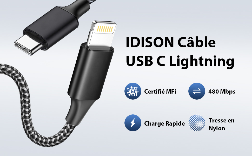 IDISON Cable iphone usb C 1M+2M Lot de 2, Certifiés MFI Cable usb C
